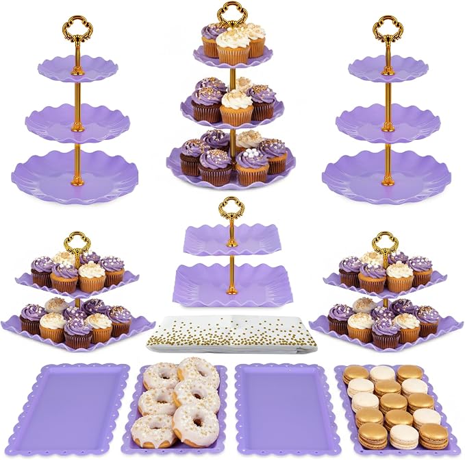Pack of 11 NWK Cake Stand Set of Cupcake Stand, Tray & Table Cloth (Purple) | Includes 3 x 2-Tier & 3 x 3-Tier Cupcake Stands, 4 Appetizer Trays, Plus 1 Tablecloth. Ideal for Parties, Purple Design