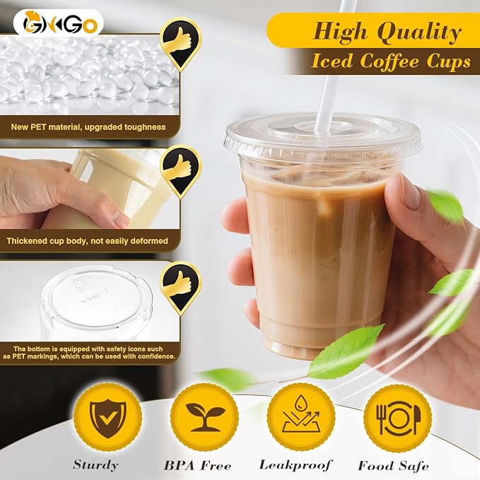 Ginkgo 100 Pack 12 oz Plastic Iced Coffee Cups with Lids and Straws | Disposable Clear To Go Cups for Milkshakes and Cold Beverages, Coffee Bar Essentials for Home and Shops