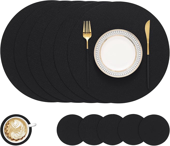 Round Faux Leather Placemat and Coaster 6 Packs, Washable Heat Resistant Dining Place Mats, Wipeable Double-Sided Table Mats for Indoor and Outdoor, Diameter 13 and 3.93 inch, Black