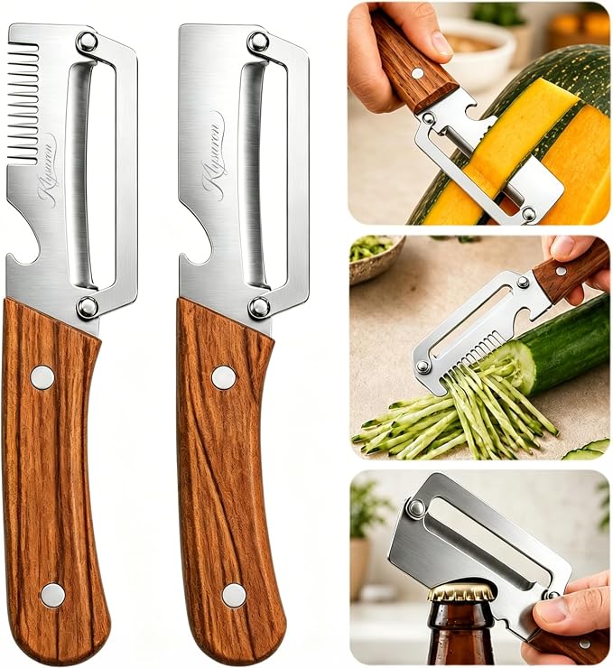 3-in-1 Vegetable Peeler with Bottle Opener, Wooden Handle | Peels, slices, and shreds fruits and vegetables with a stainless steel blade, wooden handle, and built-in bottle opener