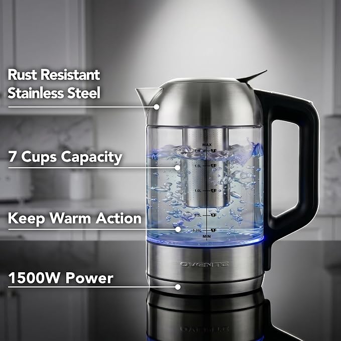 OVENTE 1.8L Glass Electric Kettle with Tea Infuser, Silver KGD752S | 1500W Fast Boiling, Easy Fill Lid, 7 Temperature Control, Keep Warm, Digital Display, Auto Shut-Off, Boil-Dry Protection