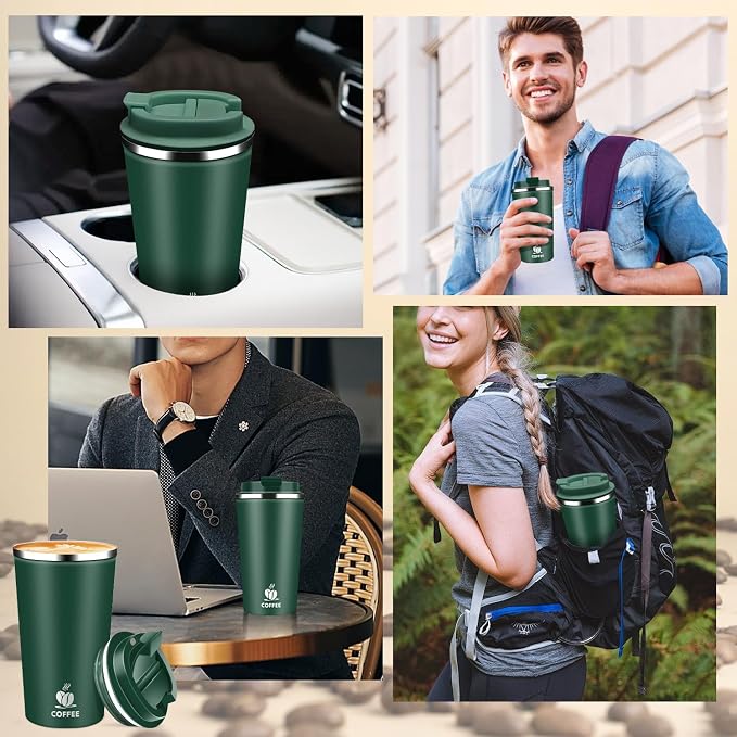 Insulated Travel Coffee Mug Reusable Coffee Tumbler Cup with Flip Lid Leak Proof Spill Proof for Office School Party Camping Hot and Cold Drink,Stainless Steel 17oz (Dark Green)