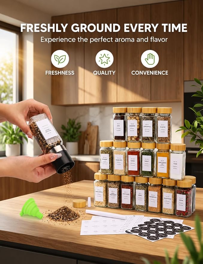Spice Jar Set, 24 Pcs 4oz Glass Spice Jars with Labels and Bamboo Lids, Square Spice Bottles with Shaker Lids for Cabinet, Drawer, Pantry and Spice Rack Organization