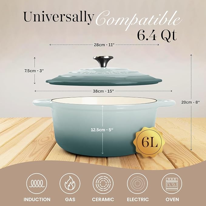Nuovva Enamelled Cast Iron Dutch Oven Pot with Lid 6.4 Quart Non Stick Casserole Pot-Heavy Duty & Oven Safe up to 500° F for Bread Baking, Braising, Stews, Roasting - 28cm Sea Salt