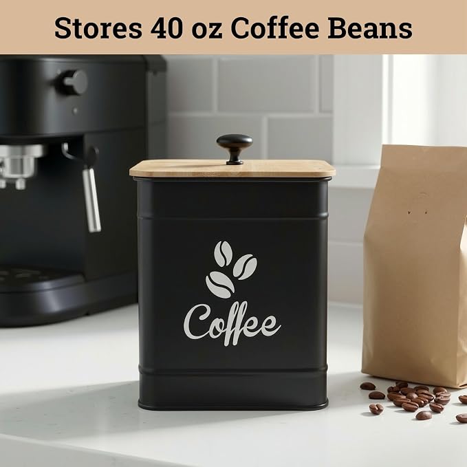Airtight Coffee Canister 40 oz, 6"x 8" Metal Jar w/ Rubber-Lined Bamboo Lid | 40oz Large Iron, Airtight Coffee Container, Bamboo Lid, Stylish Countertop Container for Coffee Grounds, Beans, Pods & More