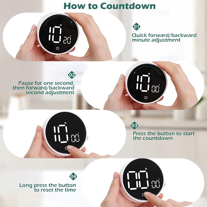 Digital Kitchen Timers, 199 Minutes Countdown Countup Rotary Timer, Large LED Stopwatch, Volume Adjustable Kitchen, Study, Workout, and Office Timer White