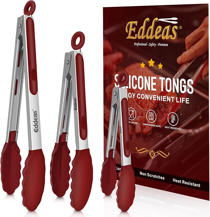 EDDEAS Tongs For Cooking - 7",9" and 12 inch Kitchen Tong with Silicone Tip,Heat Resistant 600 Degrees Metal Locking Tongs - for cooking,Salad and Barbecue,Red Set of 3
