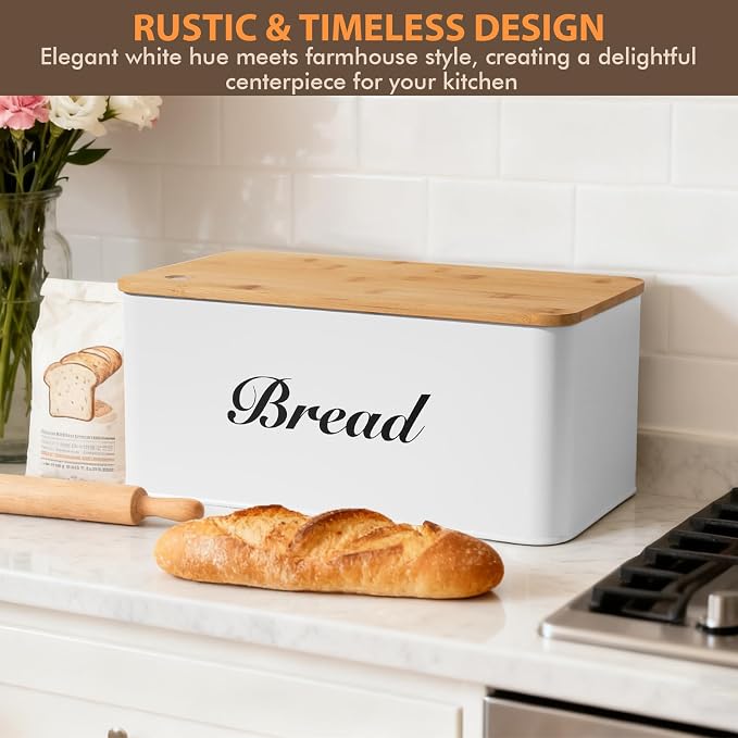 RYTOXILO White Bread Box for Kitchen Countertop, Metal Breadbox with One-Way Degassing Valve Bamboo Lid, Bread Storage Boxes Container for Homemade Bread, Sourdough Food Cutting Board