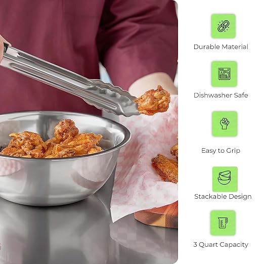 OCS Parts 2-Pack 3 Quart Mixing Bowls | 9.75-Inch Stainless Steel | Professional Grade Flat Base Mixing Bowls for Home and Commercial Kitchens | Dishwasher Safe