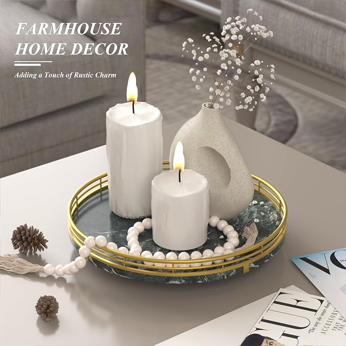 AMH 10-Inch Green Marble Lazy Susan with Gold Frame | Smooth rotating oak tray with walnut finish for dining tables, kitchen counters, pantries and cabinet storage.