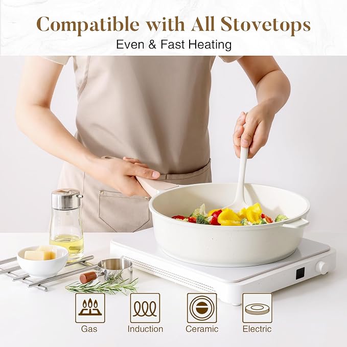 Kordisen Nonstick Ceramic Deep Frying Pan Skillet with Lid, 11 Inch, Cream | Saute Pan, Healthy Coating, Non Toxic, Induction Compatible, PFOA & PFAS Free