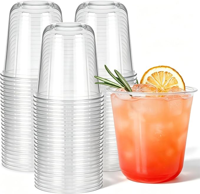 50 Pcs 12 oz Round Bottom Plastic Cups, Crystal Clear Disposable Stemless Wine Glasses Cocktail Cups for Party, Wedding, Birthday, Catering Cold Drinks