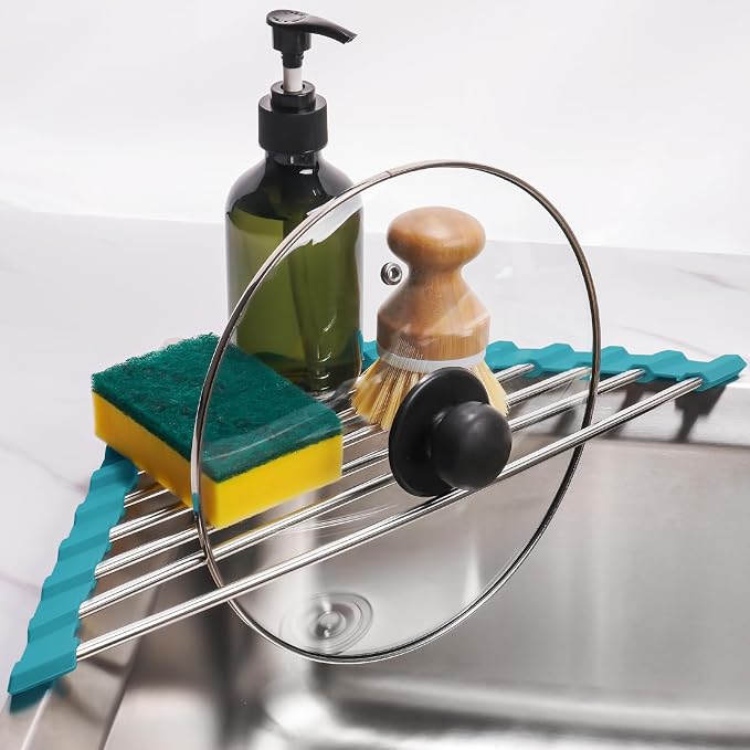Tomorotec Triangle Roll-Up Dish Drying Rack for Sink Corner Small Foldable Stainless Steel Over The Sink Multipurpose Kitchen Drainer Caddy Organizer Storage Shelf Holder (Dark Green) | BPA-Free Food-Grade Silicone Edges Foldable Waterproof Rustproof H...