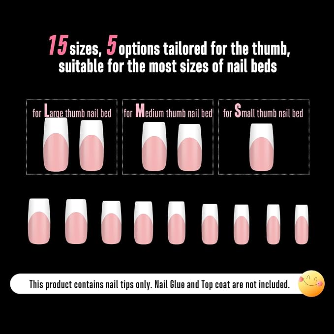 NOVO OVO White French Tip Medium Square Nail Tips Press on BABY PINK, Extra Thick Soft Gel Fake Nail Acrylic Extension, Need Builder Gel Top Coat, No Glue Included, for Salon DIY 15 Sizes x 240 pcs