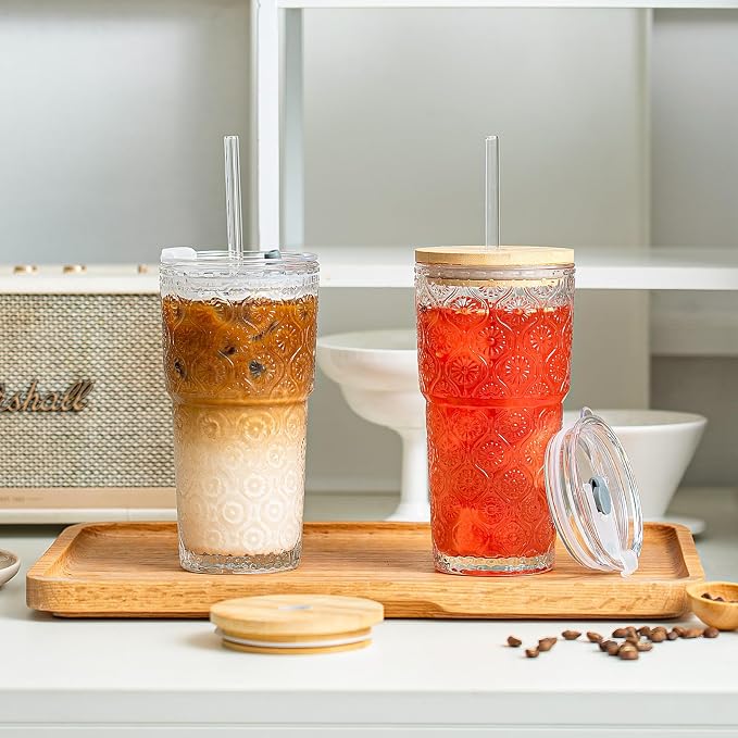 SoulTimes 20oz Begonia Flower Glass Tumbler with Bamboo Lid and Straw–Iced Coffee Glasses Cups for Smoothie, Matcha, Juice, Water etc. Leakproof and Reusable Glassware Drinking for Travel To Go [2Pcs]