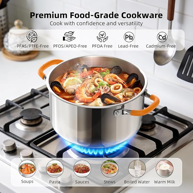 Ciwete Stainless Steel Stock Pot, 11 Quart Soup Pot with Lid, Heavy-Duty Thick Bottom Induction Cooking Pot for Pasta, Stew & Simmering, Fast Heating, Compatible with All Cooktops, Dishwasher Safe