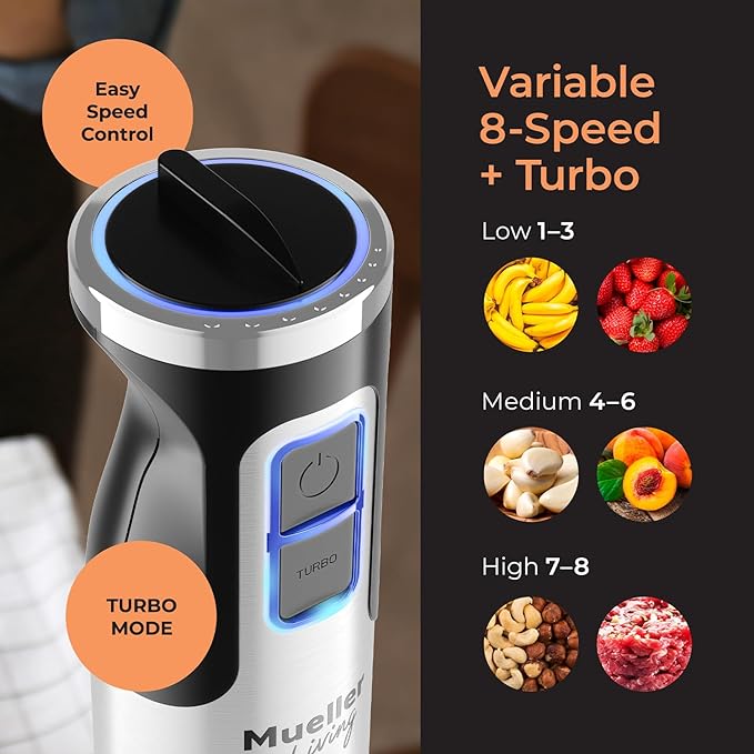 Mueller Immersion Blender Handheld - 8 Speed Stainless Steel Electric Hand Blender, Emulsion Blender Stick Kitchen Gadget with Turbo Mode | Stainless Steel | 8 Speed Settings with Turbo Mode | Electric Hand Blender