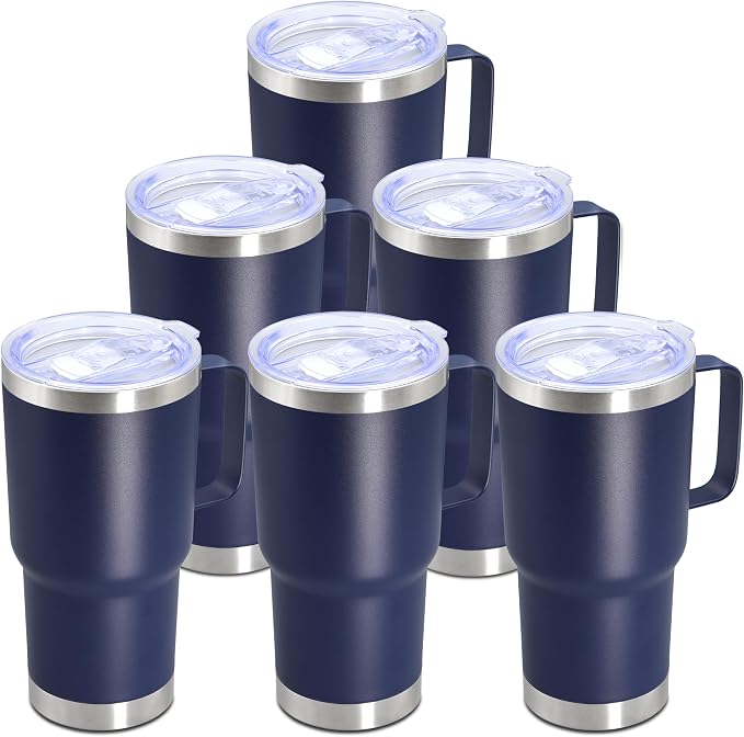 20 oz Tumbler with Handle Coffee Tumblers with Lid Travel Mug Navy 6P | 20oz Tumblers with Handle Double-Wall Insulated Vacuum Coffee Mugs Stainless Steel Tumbler with Handles&Lid Navy 6P