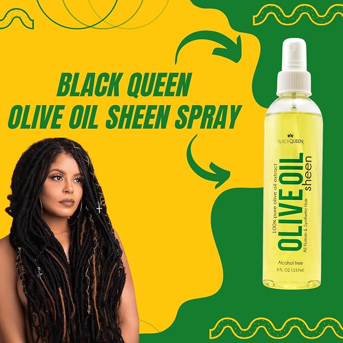 Black Queen® Olive Oil Moisturizing Spray for Locs, Braids, 4C Hair & Twists – Lightweight Hair Oil for Protective Styles – Shine, Frizz Control, Non-Greasy & Flake-Free – Made in USA – 8 oz