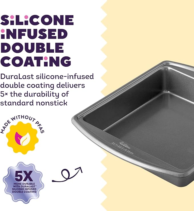 Wilton Platinum Non-Stick Square Pan, Stainless Steel, 9 x 9 in. | DURALAST Silicone Infused Double Coating, 5X More Durable with Anti-Warping Technology, Perfect for Brownies & Square Cakes
