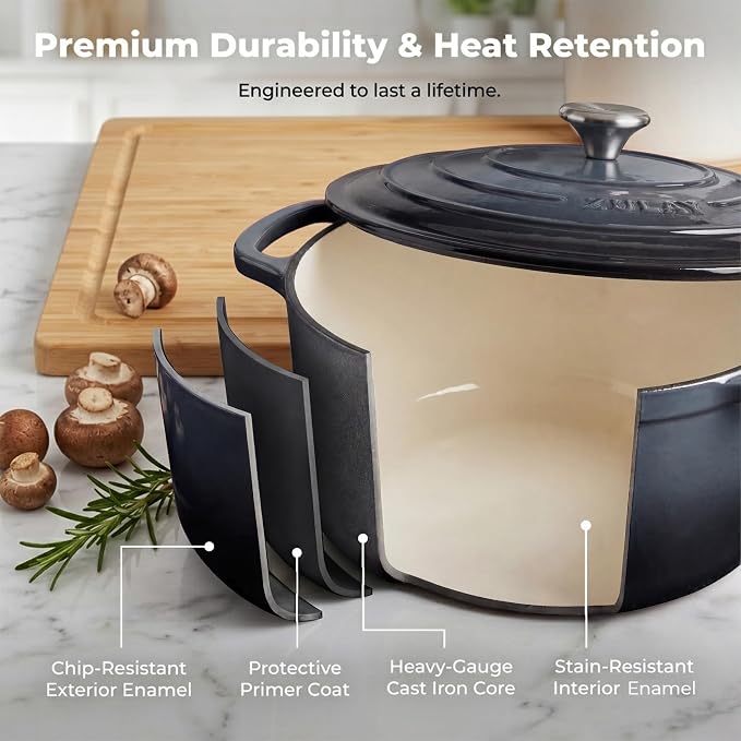 Zulay Kitchen 7.7 Quart Enameled Cast Iron Dutch Oven Pot with Lid – Premium Durability & Oven Safe up to 500°F – Heavy Duty Cookware Perfect for Bread Baking, Stews, Braising & Roasting – Gray