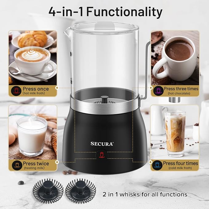 Secura Detachable Milk Frother and Steamer, 17oz Electric Milk Warmer 4-in-1 Hot/Cold Foam Maker for Latte, Cappuccinos, Macchiato, Hot Chocolate, Glass Milk Jug Dishwasher Safe | Detachable Dishwasher-Safe Jug, Fast & Quiet Frothing, 17oz Large Capaci...