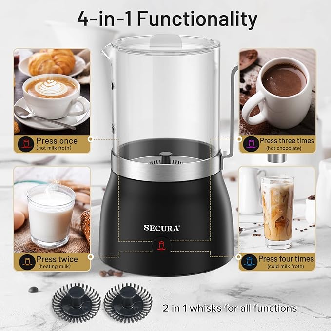 Secura 17oz 4-in-1 Electric Milk Frother and Steamer with Glass Jug, Hot/Cold Foam Maker for Latte, Cappuccino, Macchiato & Hot Chocolate, No Non-Stick Coating and Teflon-Free Design