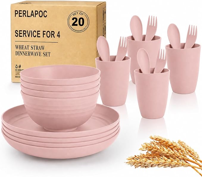 Wheat Straw Dinnerware Sets for 4, 20 Piece Unbreakable Kids Dinnerware Set, Toddler Plates and Bowls Sets, Kitchen Plates and Bowls Set, Lightweight Dish Set for Travel Camping Party - Muted Pink
