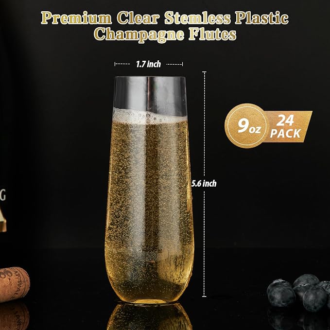 FOCUSLINE 24 Pack 9 Oz Clear Plastic Champagne Flutes, Stemless Plastic Champagne Glasses Clear, Heavy Duty Toasting Glasses, Shatterproof and Disposable Cups Perfect For Any Party