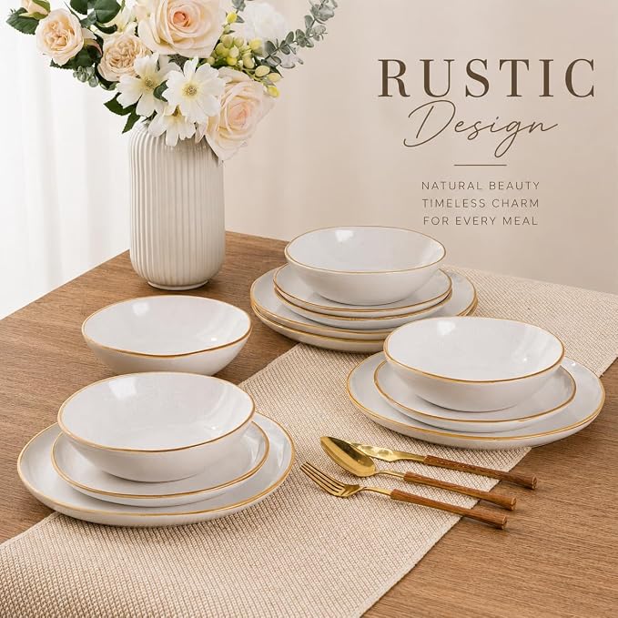 AmorArc Ceramic Dinnerware Sets for 4, 12Pcs Plates and Bowls Sets Dishes | Stoneware Handmade Reactive Glaze Dinner Set, Highly Scratch Resistant | Dishwasher & Microwave Safe Dishware