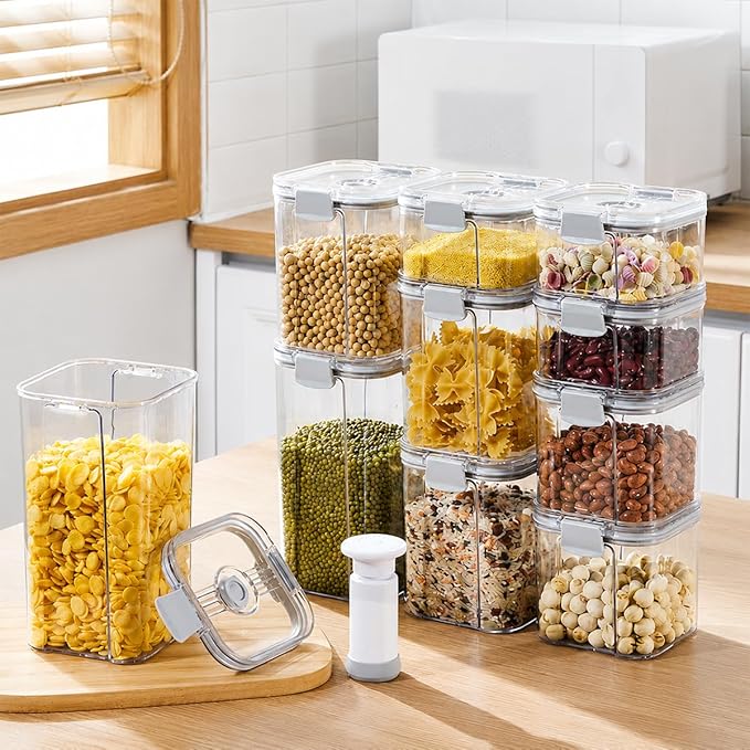 5-Piece Clear Vacuum Seal Canisters with Pump, Airtight Storage Containers for Cereal, Flour, Sugar & Pantry Organization (1.43 QT, 0.68 QT*2, 0.41 QT*2)