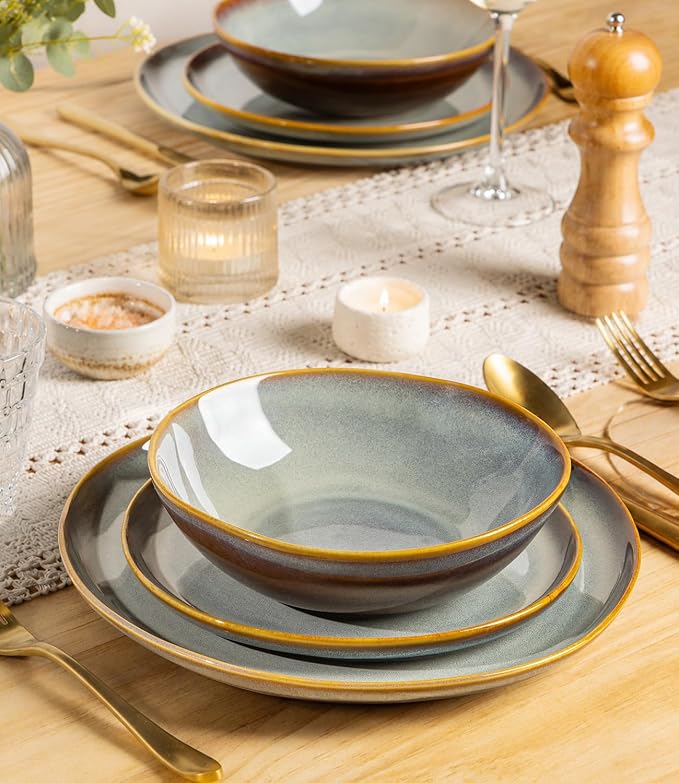 Ceramic Dinnerware Set for 4, 12-Piece Plates and Bowls Set | Handmade Reactive Glaze Dish Set, Scratch Resistant, Oven & Microwave & Dishwasher Safe, Dusk Blue