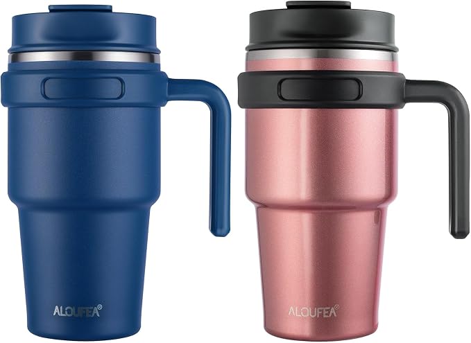 20 oz Insulated Travel Coffee Mug Tumbler with Handle and Straw | Leakproof Stainless Steel Coffee Cup with Lid, Double Wall Vacuum Ice Thermal Cup, Navy and Rose Gold