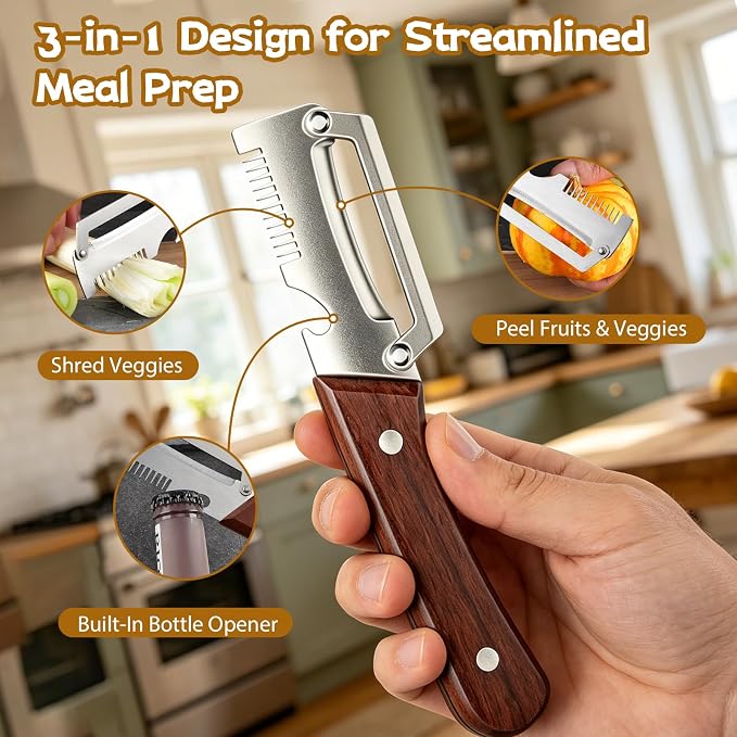 2PCS Premium Vegetable Peeler with Wooden Handle, Multifunctional Vegetable Peeler for Kitchen, New Peeler with Thicken Wooden Handle And Bottle Opener, for Fruit Potato Pumkin Papaya Zucchini