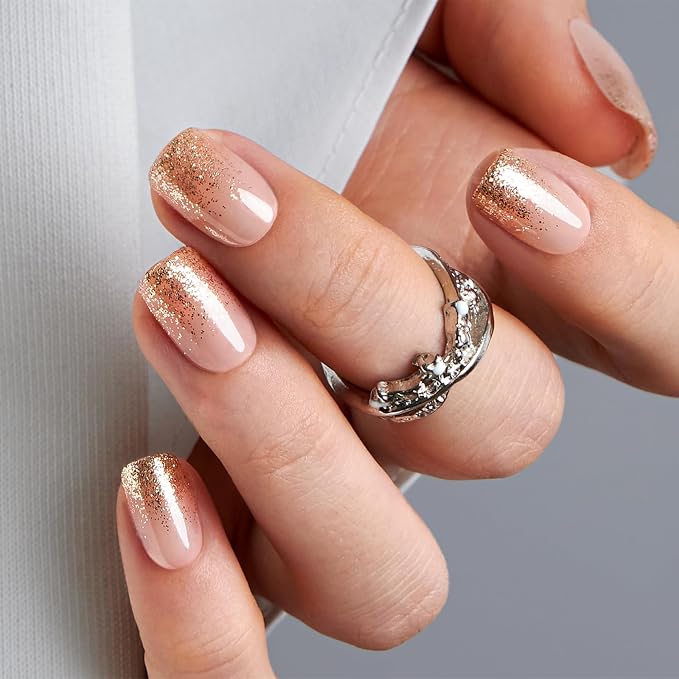 CurvLife Short Square Press On Nails, Fluid Gold,Soft Gel | 32PCS, 16 Sizes, Salon-Quality Natural Fake Nails, Curved Fit, 7-14 Day Glue-On Wear, Reusable Stick-On Nails, Press-On Kit