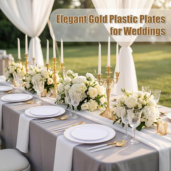 DaYammi 150Pcs Gold Plastic Plates with Disposable Silverware,White Gold Disposable Dinnerware Set - 30 Dinner Plate,30 Dessert Plate,90 Gold Cutlery with White Handles,Fancy Plates for Party Wedding