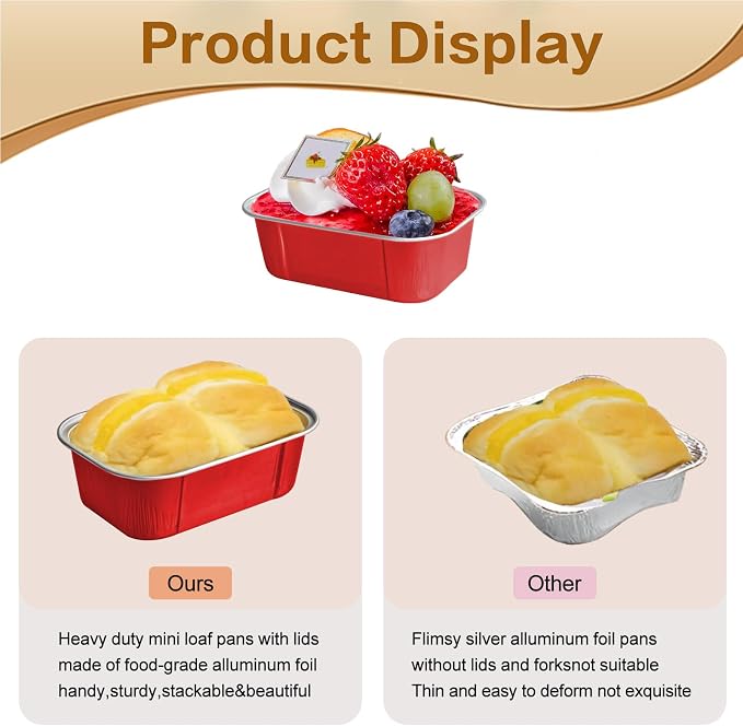 Mini Cake Pans With Lids And Spoons,5.5 oz Rectangle Mini individual Loaf Pans Disposable Aluminum Foil Small Baking Cups Tins (100, Red)