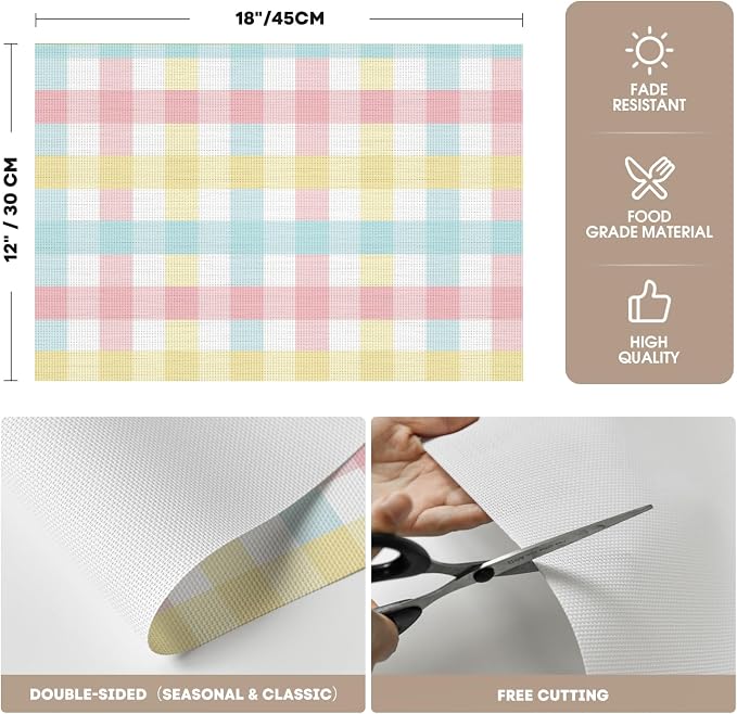 Artoid Mode Buffalo Plaid Vinyl Easter Placemats Set of 4, 12x18 Inch Washable Non-Slip Heat Resistant Plastic Place Mats for Party Dining Table, Pink/Blue