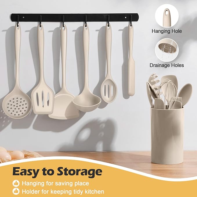 Homikit 15-Piece Kitchen Cooking Utensil Set, Silicone Utensils with Holder | Kitchen Gadgets Tools include Slotted Spatula Ladle Turner for Nonstick Cookware, Heat Resistant & Dishwasher Safe, Khaki