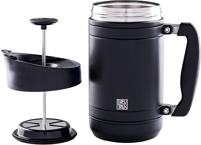 BruTrek by Planetary Design | BaseCamp French Press | 32 fl.oz - Obsidian | Double Wall Insulated Stainless Steel - Bru-Stop Technology, No Grounds in Coffee, No Spill Lid (Obsidian, 32 fl.oz)