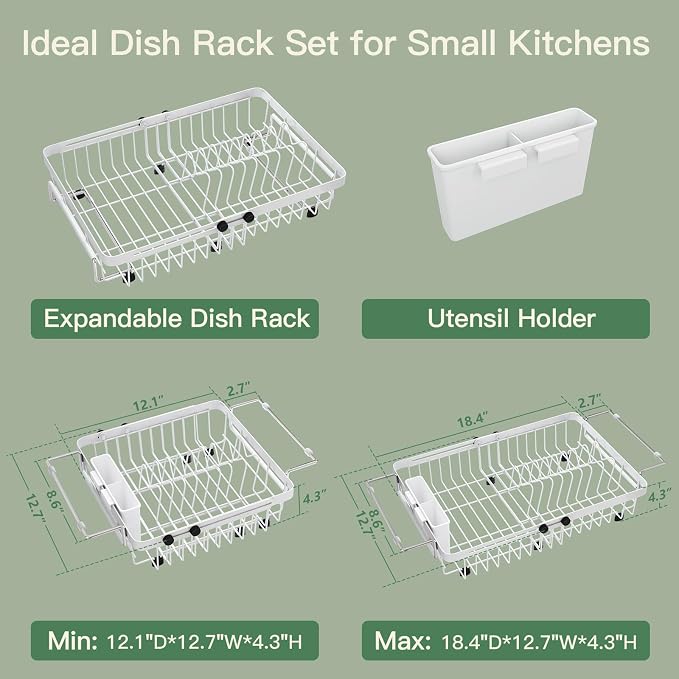 White Dish Drying Rack Over The Sink with Utensil Holder | Expandable Stainless Steel Dish Drainer for Small Kitchen, Apartment, RV, Counter Space Saving, Perfect Fit, Rustproof