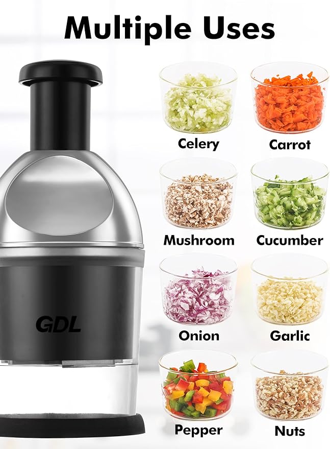 GDL Food Chopper, Manual Slap Vegetable Chopper Onion Dicer, Garlic Mincer | Hand Chopper for Onion Nut Pepper Celery Tomato, Easy & Safe Chopping, No BPA, Durable Stainless Steel Blade, Dishwasher Safe