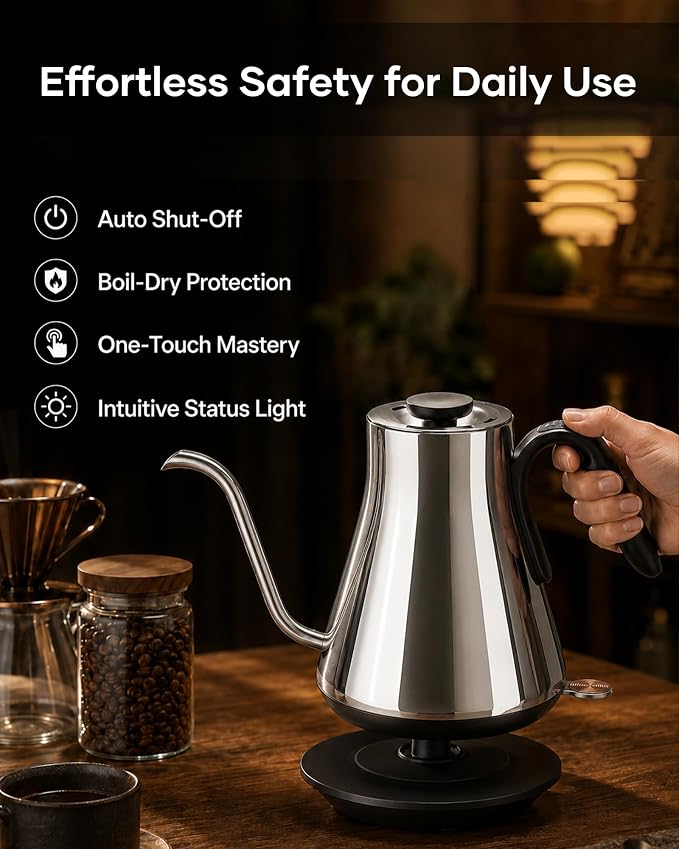 Cocinare Gooseneck Electric Kettle 0.8L, Fast Boil Pour Over Coffee, Tea | 1440W Fast Boil, 304 Stainless Steel Interior, Gooseneck Precision Spout, Auto Shut-Off & Boil-Dry Protection, Moholy Silver