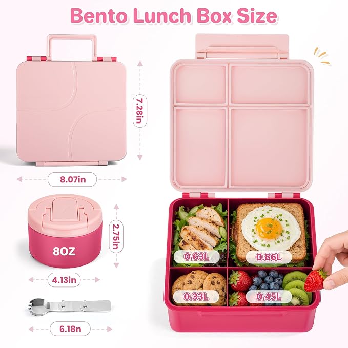 Bento Lunch Box for Kids with 8oz Soup Thermo,Kids Leakproof Lunch Food Containers with 4 Compartment,Kid Insulated Thermo Hot Food Jar for School,Trvael-Pink