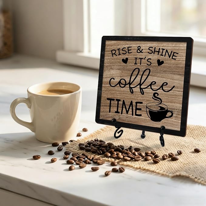 Funny Coffee Bar Decor, 5"x5" Coffee Bar Sign | Rise & Shine It's Coffee Time Wood Plaque with Stand | Farmhouse Gift for Home Kitchen Tabletop Desk - A03