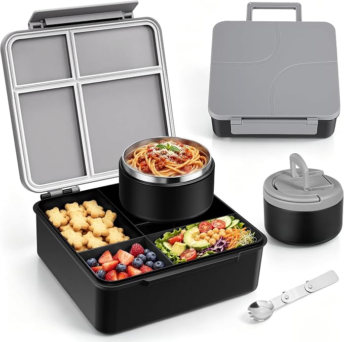 Bento Lunch Box Set for Kids with 8 oz Soup Thermo, Leakproof Hot Food Container with 4 Compartments, Insulated Food Jar for Toddler Daycare Boys Girls School - Black