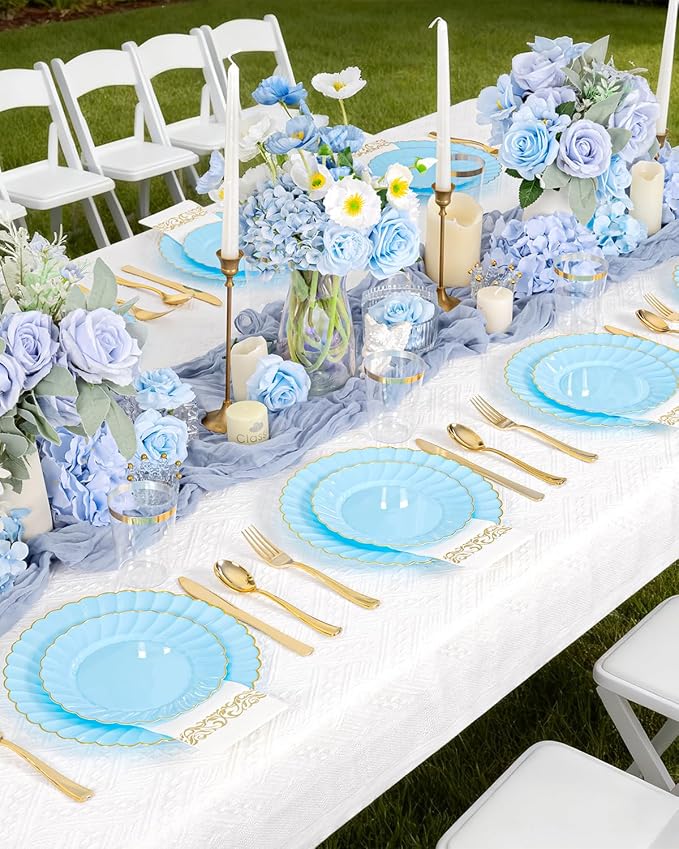 YOUBET 175PCS Light Blue Scalloped Plastic Plates for Party Wedding | Blue Disposable Dinnerware Set Include 50 Plates, 75 Gold Silverware, 25 Cups, 25 Napkins for Baby Shower