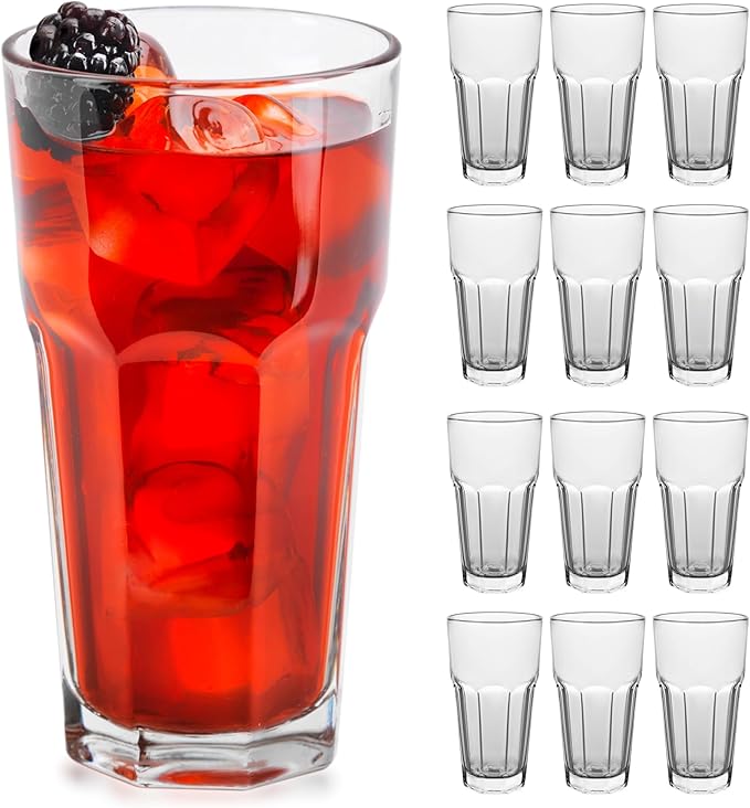 Libbey Gibraltar Glass Tumblers Set of 12, Heavy Base Water Drinking Cups | 16 oz Capacity for Water, Juice, Soda, Cocktails, and More with Faceted Sides and Dishwasher-Safe Cleanup