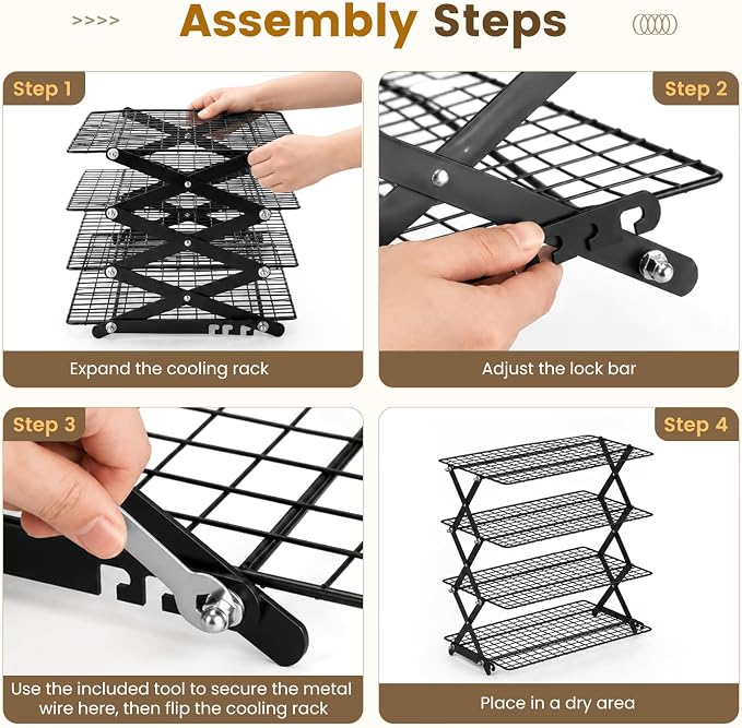4 Tier Collapsible Cooling Rack for Baking Cookies Bread Barbecue | Include 50 Baking Papers, 4-Level Adjustable Height, 3 Setting Design, Stackable Roasting Rack, X-Shaped Structure