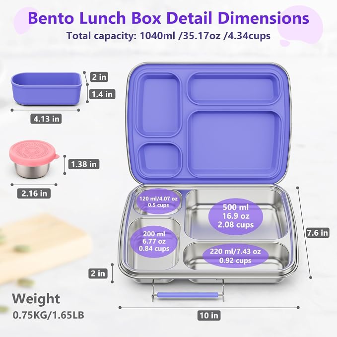 Stainless Steel Bento Lunch Box for Kids & Adults, 4 Compartment Kids Lunch Box, Metal Bento Box with Silicone Container and Stainless Steel Sauce Container,BPA-Free,School,Office(Purple)